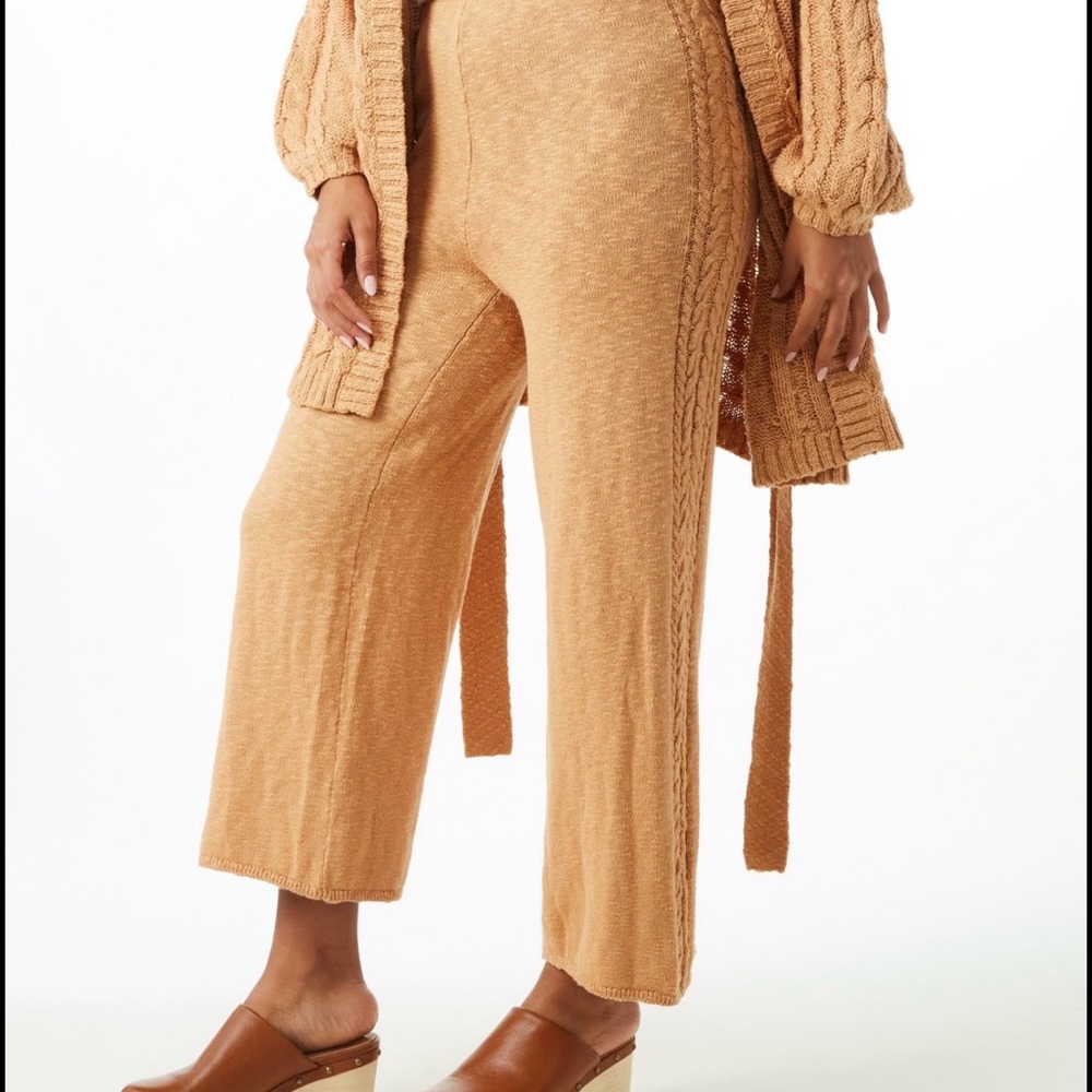 Spell And The Gypsy Yellowstone Tan Linen Wide leg Knit Pants Cable Knit L - Picture 3 of 13